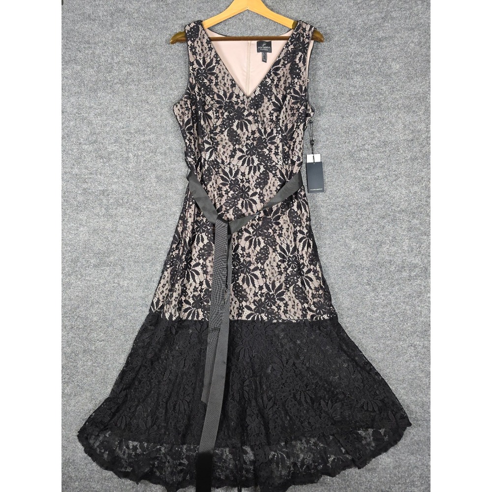NWT Adrianna Papell Black Lace V Neck Midi Flounceโ Dress Size 14